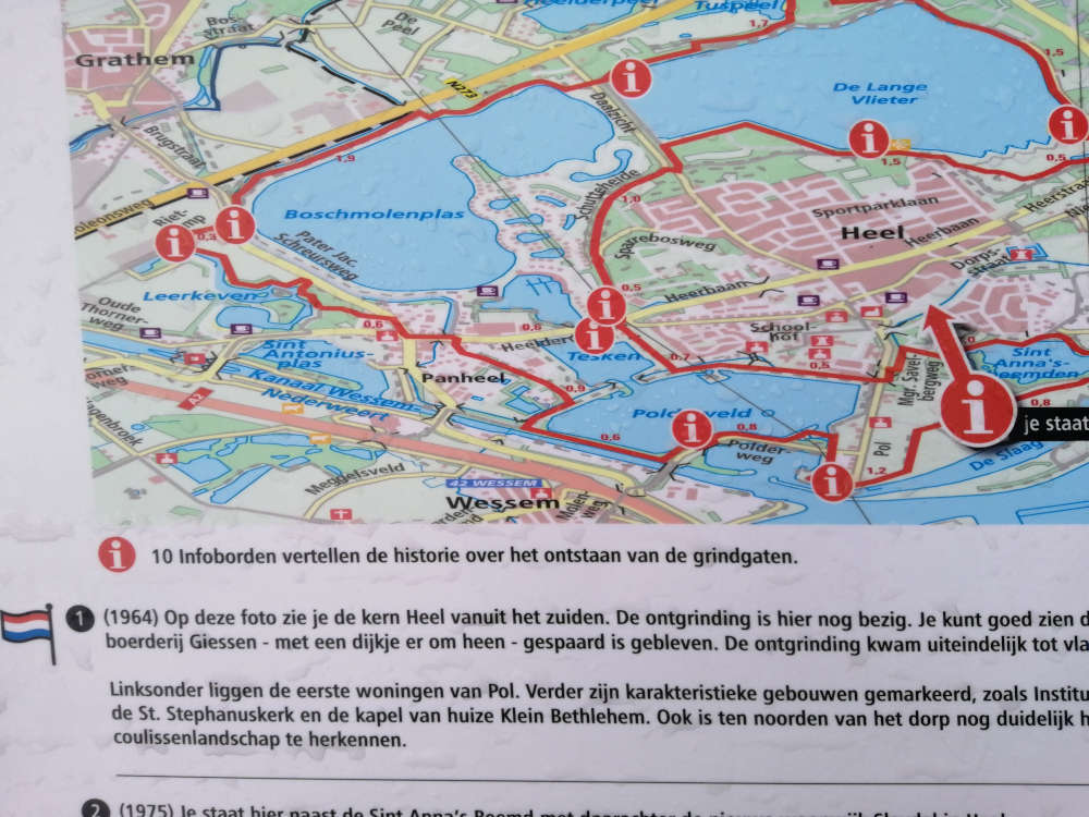 Zo zou de route moeten zijn volgens de plattegrond van de Grindgatenroute, maar wandelen in Heel volgens de VVV-track gaat toch anders.